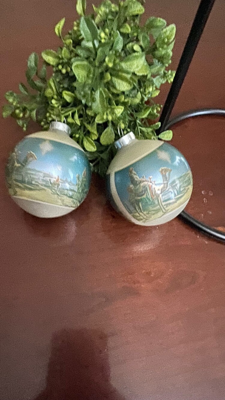 Corning Glass Works Vintage Set of 2 Glass Christmas Ornaments with Camel Rider